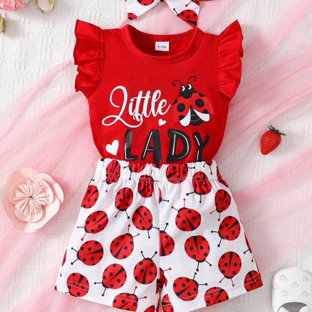 Ladybug Baby Girl Outfit | Little Lady 3PC Set 6 - 9M -3T Infant Summer Clothes